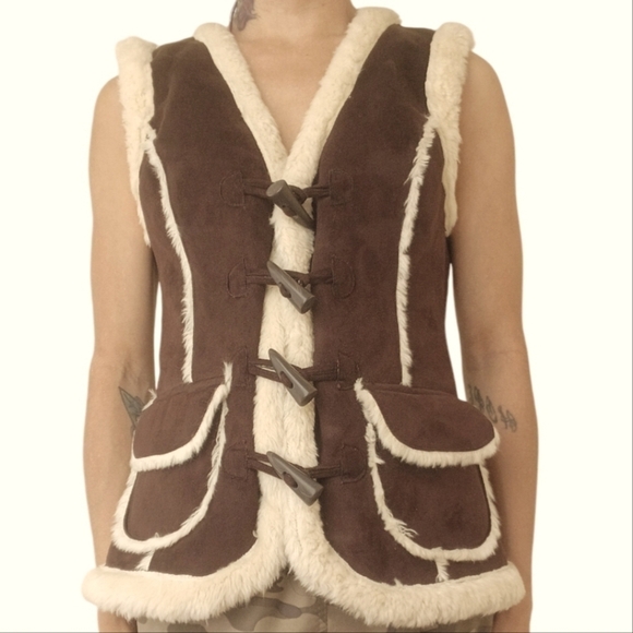 Vero Moda Faux Suede Shearling Vest Brown Cream Small - Picture 4 of 5